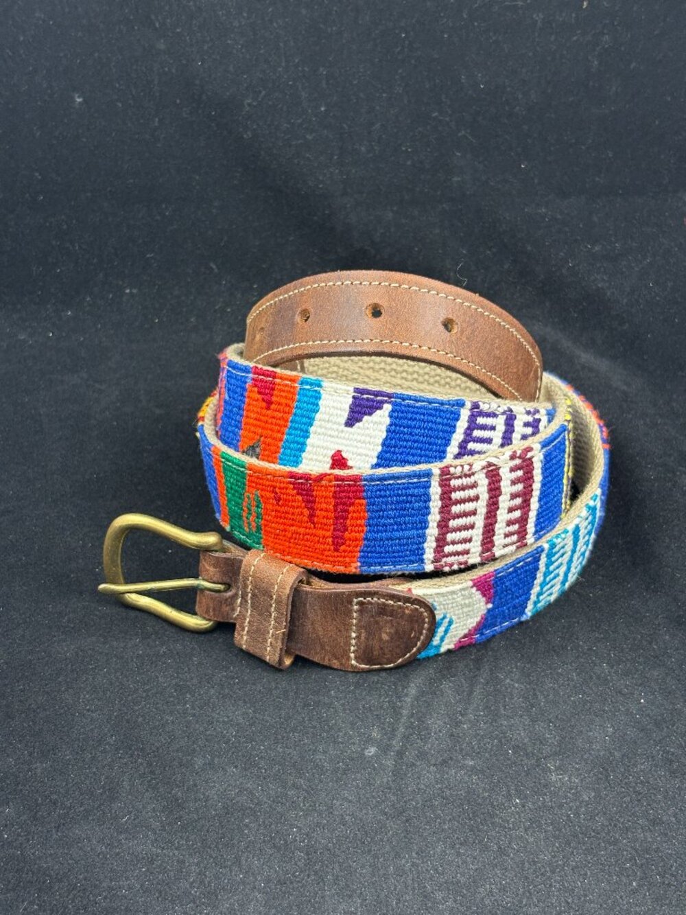 A Tail We Could Wag Belt Size 42 Colorful Cotton Weave Leather Brass